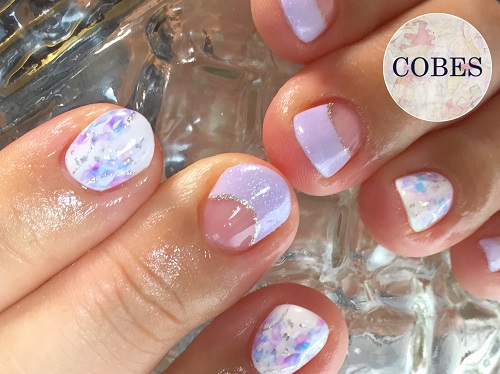 パープルフレンチ 紫陽花アート ジェルネイル Nail Salon Cobes