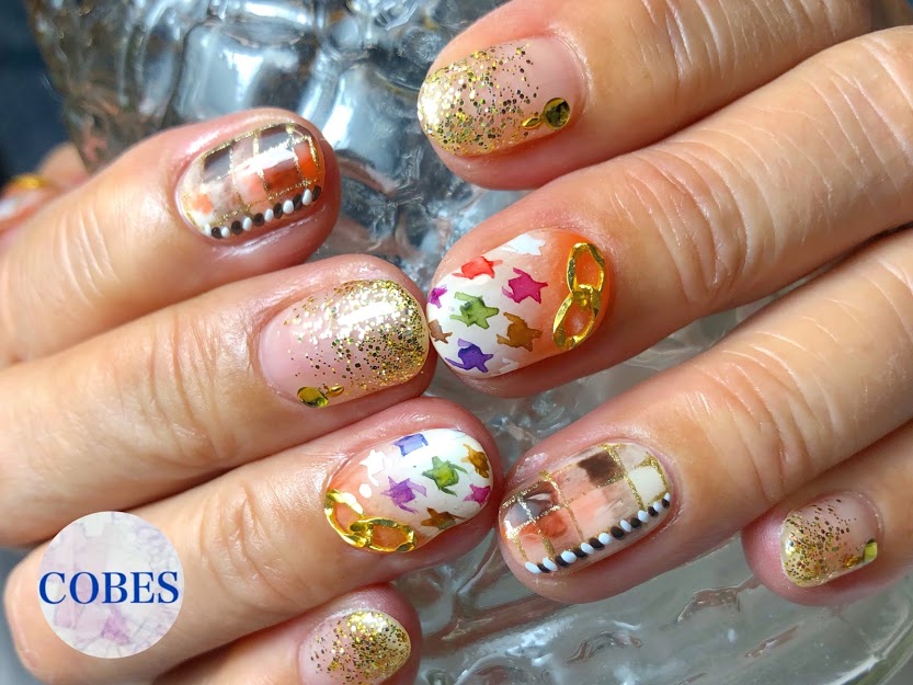 秋色オレンジブラウン千鳥柄 チェック ジェルネイル Nail Salon Cobes