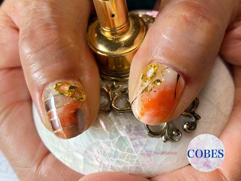 秋色オレンジブラウン千鳥柄 チェック ジェルネイル Nail Salon Cobes